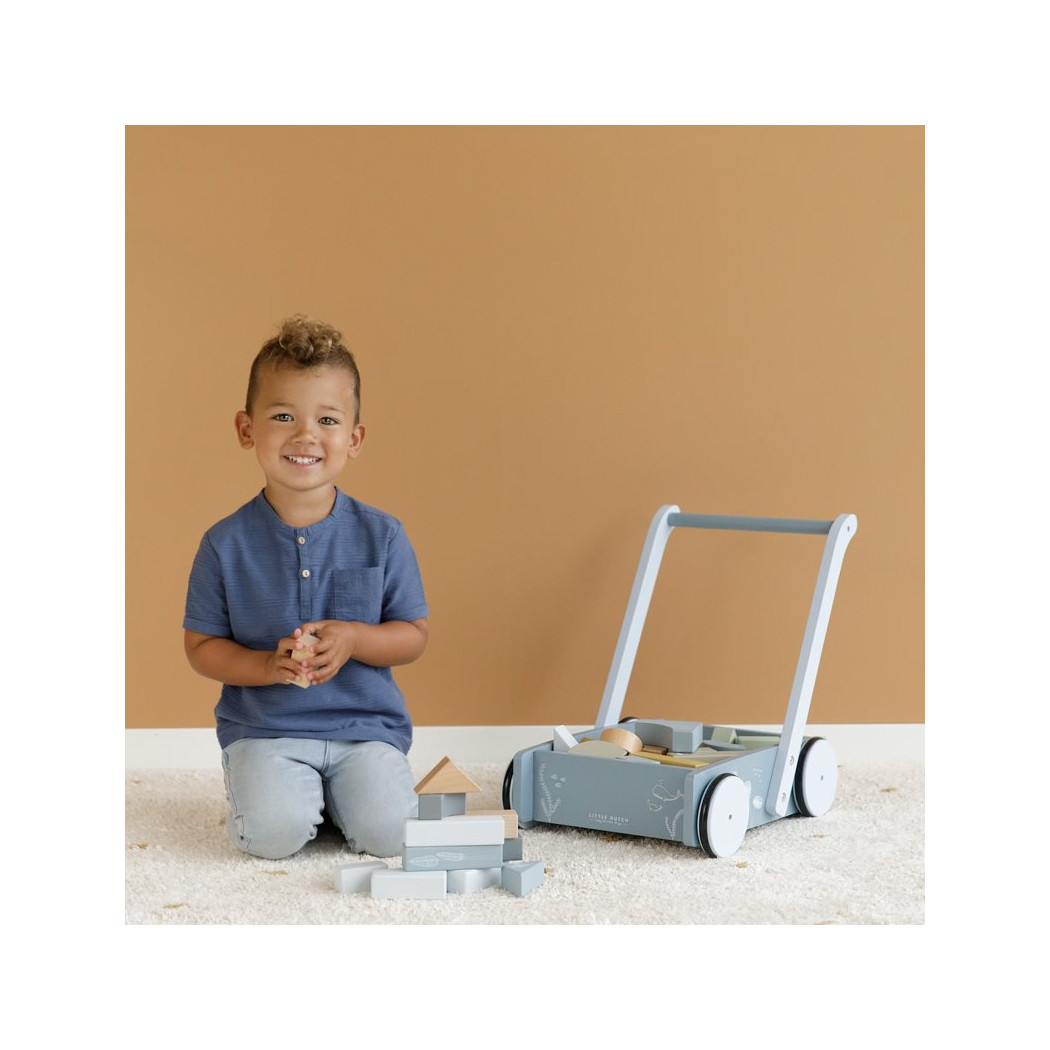 Błękit Ocean Wózek z klockami - Drewniany Pchacz - Montessori - Little Dutch