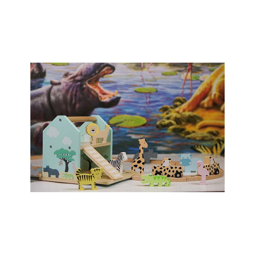 Tor Safari ze Zwierzętami Składany - Drewniana Zabawka JaBaDaBaDo