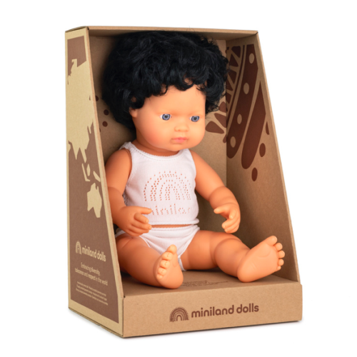Europejczyk Czarne Włosy 38 cm - Lalka Chłopiec -  Czarne Włosy - Miniland Doll - Miniland