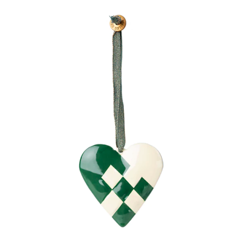 WYPRZEDAŻ Serduszko w Zieloną Kratkę - Dekoracja Bożonarodzeniowa - Metal Ornament Braided Heart Dark Green - Maileg Christmas