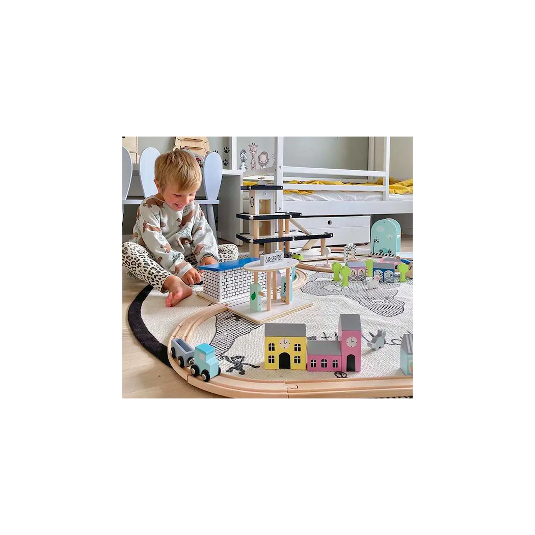 Tory z Pociągami - Kolejka Drewniana Zabawka - Train Set JaBaDaBaDo