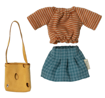Mama Pomarańczowa Bluzka Niebieska Spódnica i Torebka - Ubranko Dla Myszki - Mum Clothes For Mouse - Maileg