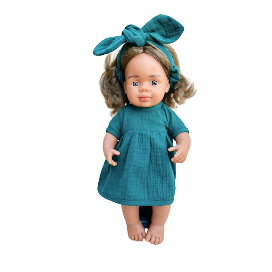 Komplet Botanical Green 38 - Sukienka Muślinowa i Opaska Pin Up - Rozmiar 38- Ubranko Dla Lalek - Miniland - LILLITOY