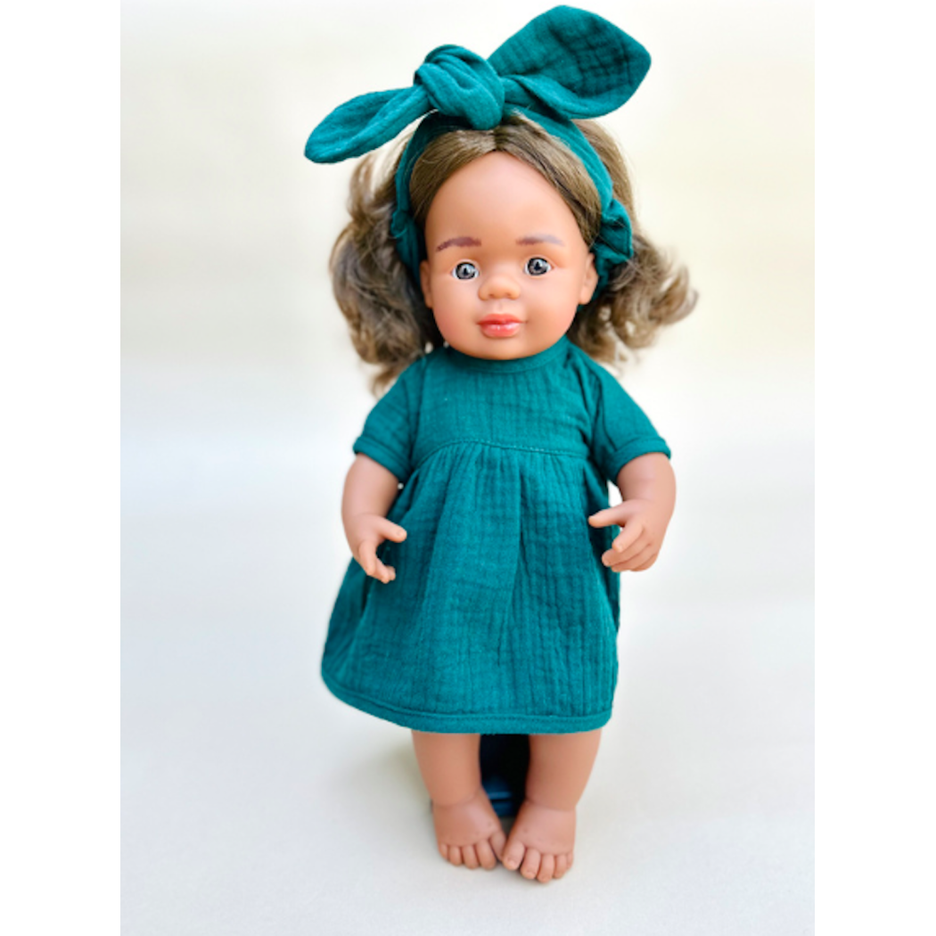 Komplet Botanical Green 38 - Sukienka Muślinowa i Opaska Pin Up - Rozmiar 38- Ubranko Dla Lalek - Miniland - LILLITOY