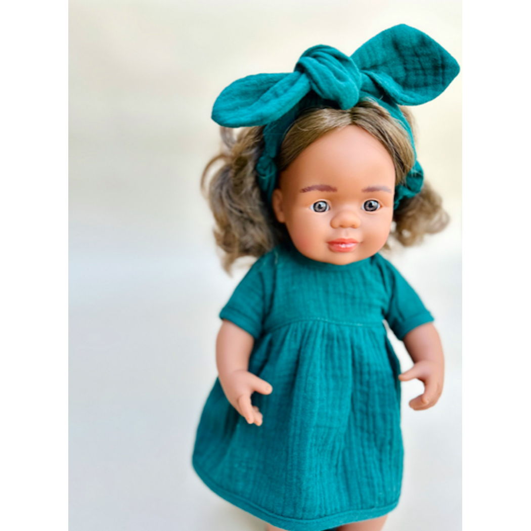 Komplet Botanical Green 38 - Sukienka Muślinowa i Opaska Pin Up - Rozmiar 38- Ubranko Dla Lalek - Miniland - LILLITOY