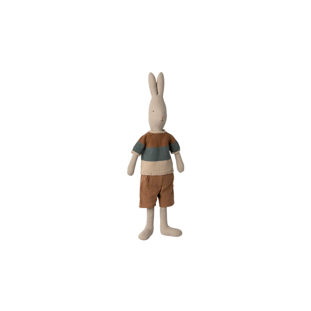 Króliczek w Koszulce w Kolorowe Paski i Brązowych Spodenkach - Rabbit size 4 - Classic - Knitted Shirt And Shorts - Maileg