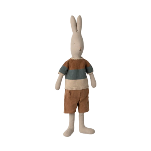 Króliczek w Koszulce w Kolorowe Paski i Brązowych Spodenkach - Rabbit size 4 - Classic - Knitted Shirt And Shorts - Maileg