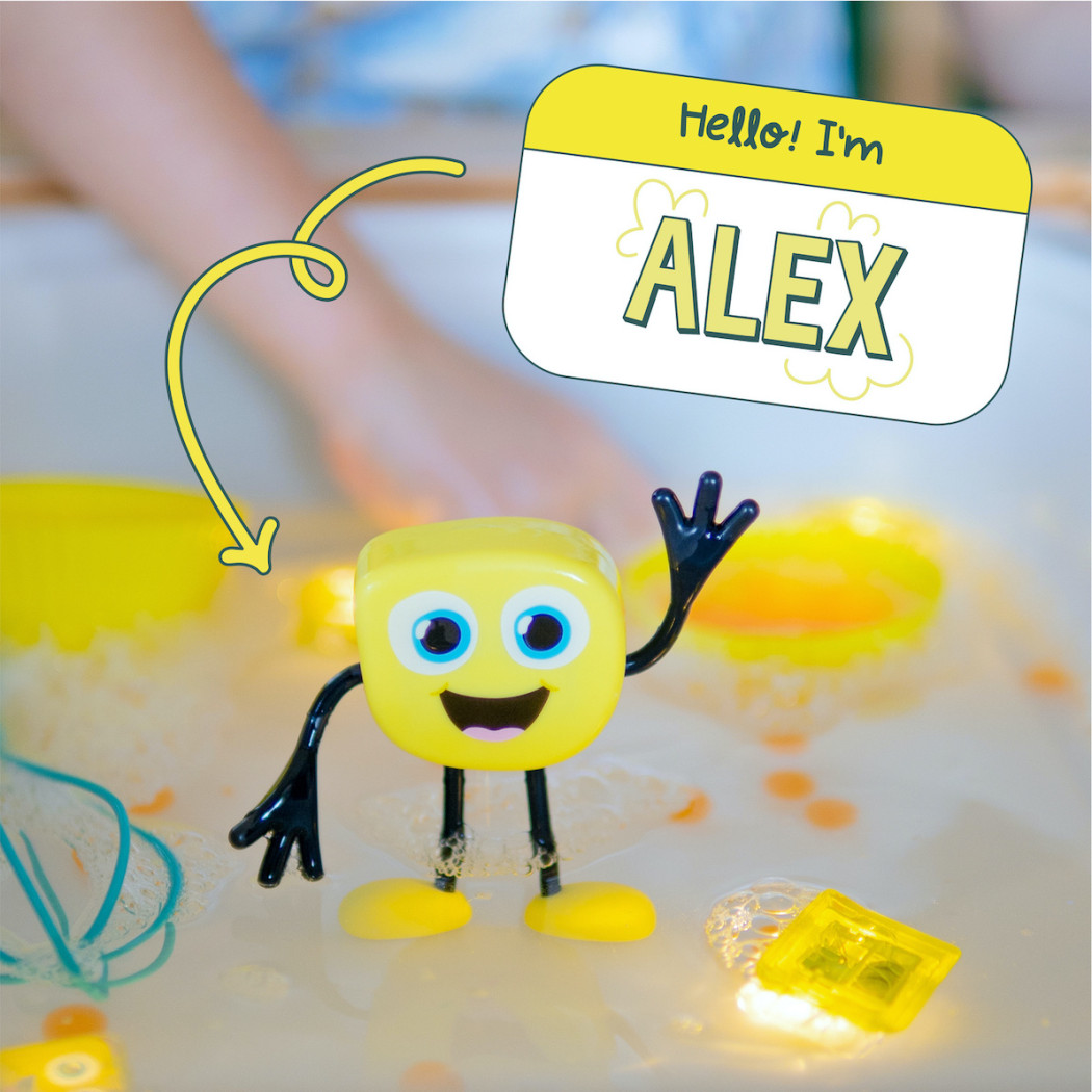 Postać Alex oraz 2 kostki Sensoryczne Świecące w Wodzie - Kolor Żółty - Glo Pals