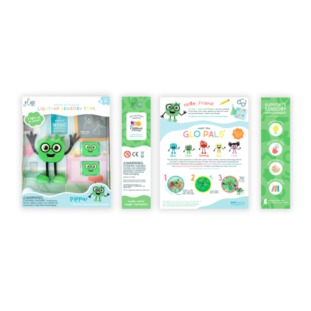 Postać Pippa oraz 2 kostki Sensoryczne Świecące w Wodzie - Kolor Zielony - Glo Pals
