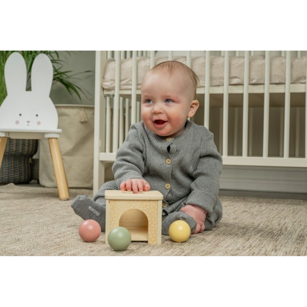 Edukacyjne Pudełko 6-12 mcy - Pięć Drewnianych Zabawek Piramida Wbijanka Puzzle Książeczka Zwierzak na Kółkach - JaBaDaBaDo