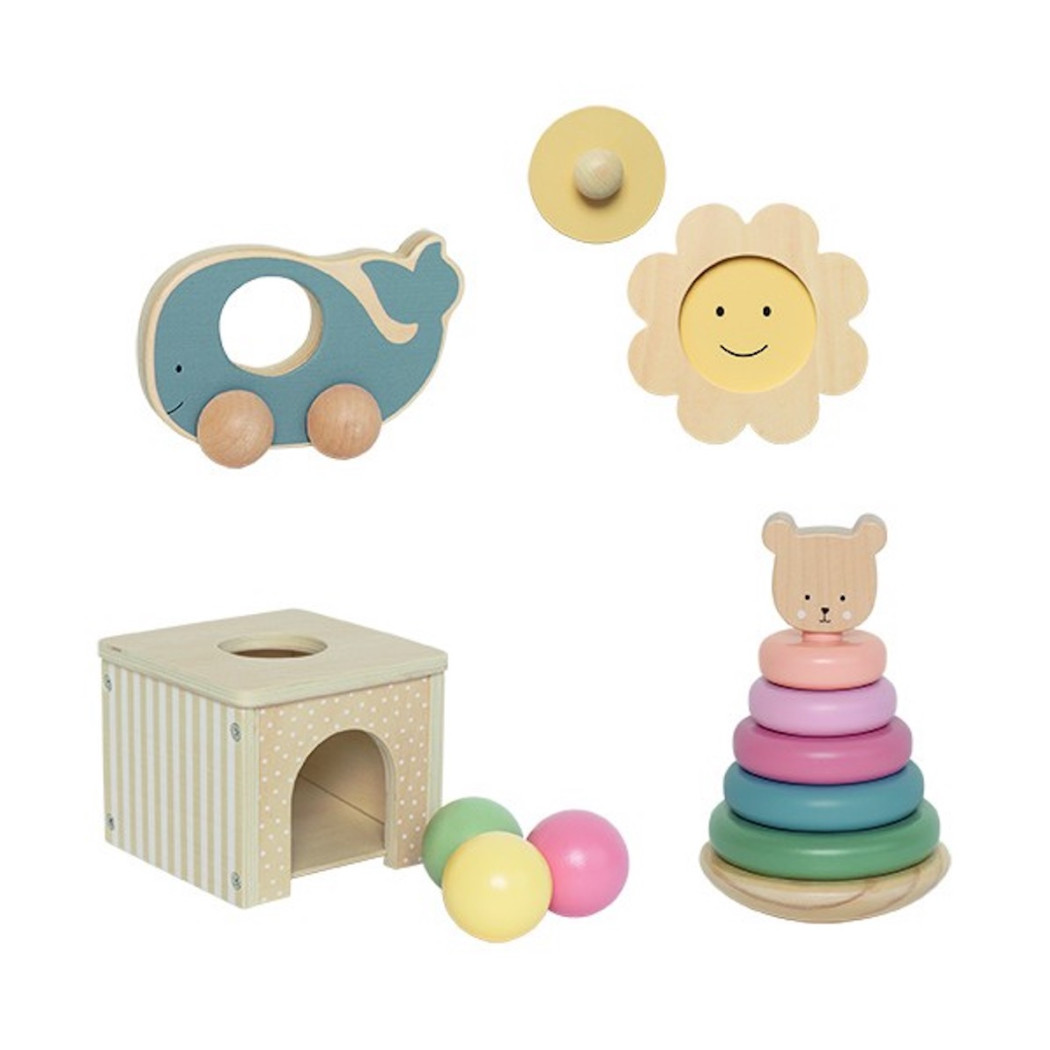 Edukacyjne Pudełko 6-12 mcy - Pięć Drewnianych Zabawek Piramida Wbijanka Puzzle Książeczka Zwierzak na Kółkach - JaBaDaBaDo