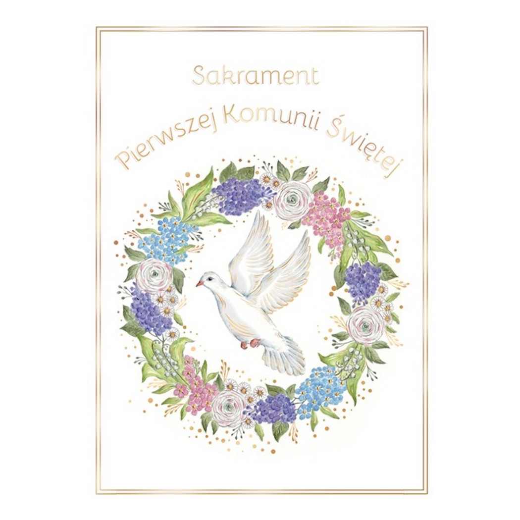 Karnet / Kartka Różowa - Sakrament Pierwszej Komunii Świętej - Koperta B6 - Gołąb