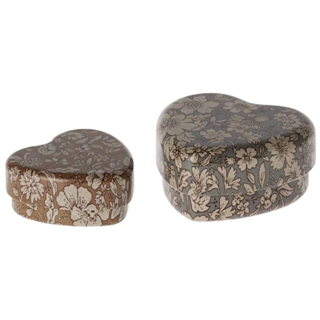 Serca Pudełeczka na Zęby Mleczaki - Blue/Ocher Blossom - Metal Heart Box, 2 pcs set - Maileg