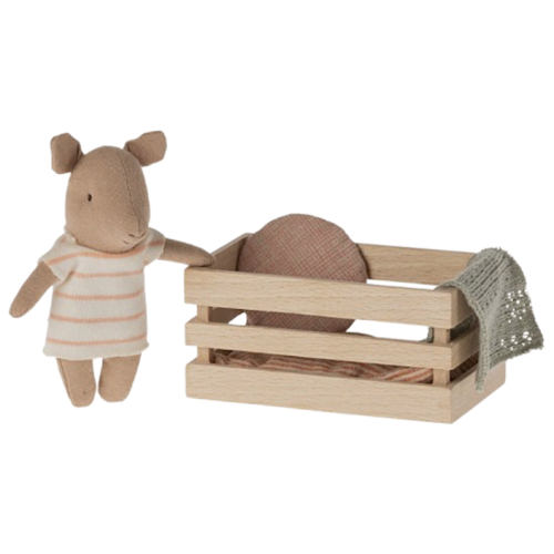 Świnka Dziewczynka w Drewnianej Skrzynce - Koszulka w Rózowe Paski - Pig In Box - Baby Girl - Maileg