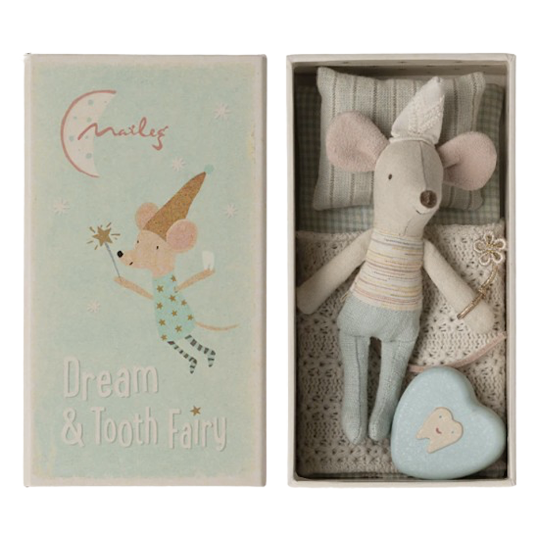 Niebieska Myszka Wróżka Zębuszka - Tooth Fairy Mouse Blue In Matchbox - Little Brother - Maileg