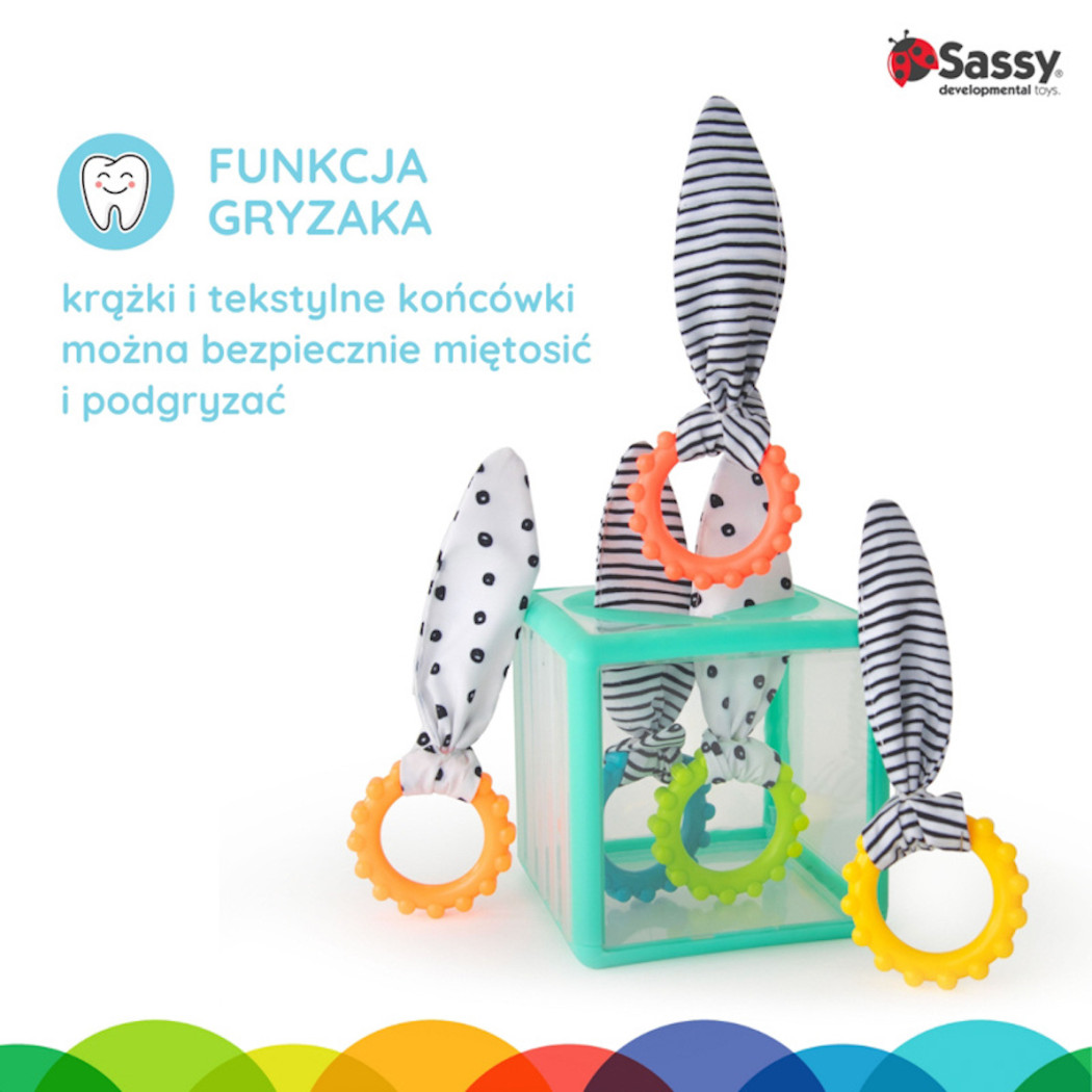 Manipulacyjna Kostka Sensoryczna Montessori - Elastyczna Kostka - Sorter z Krążkami - Sassy Baby