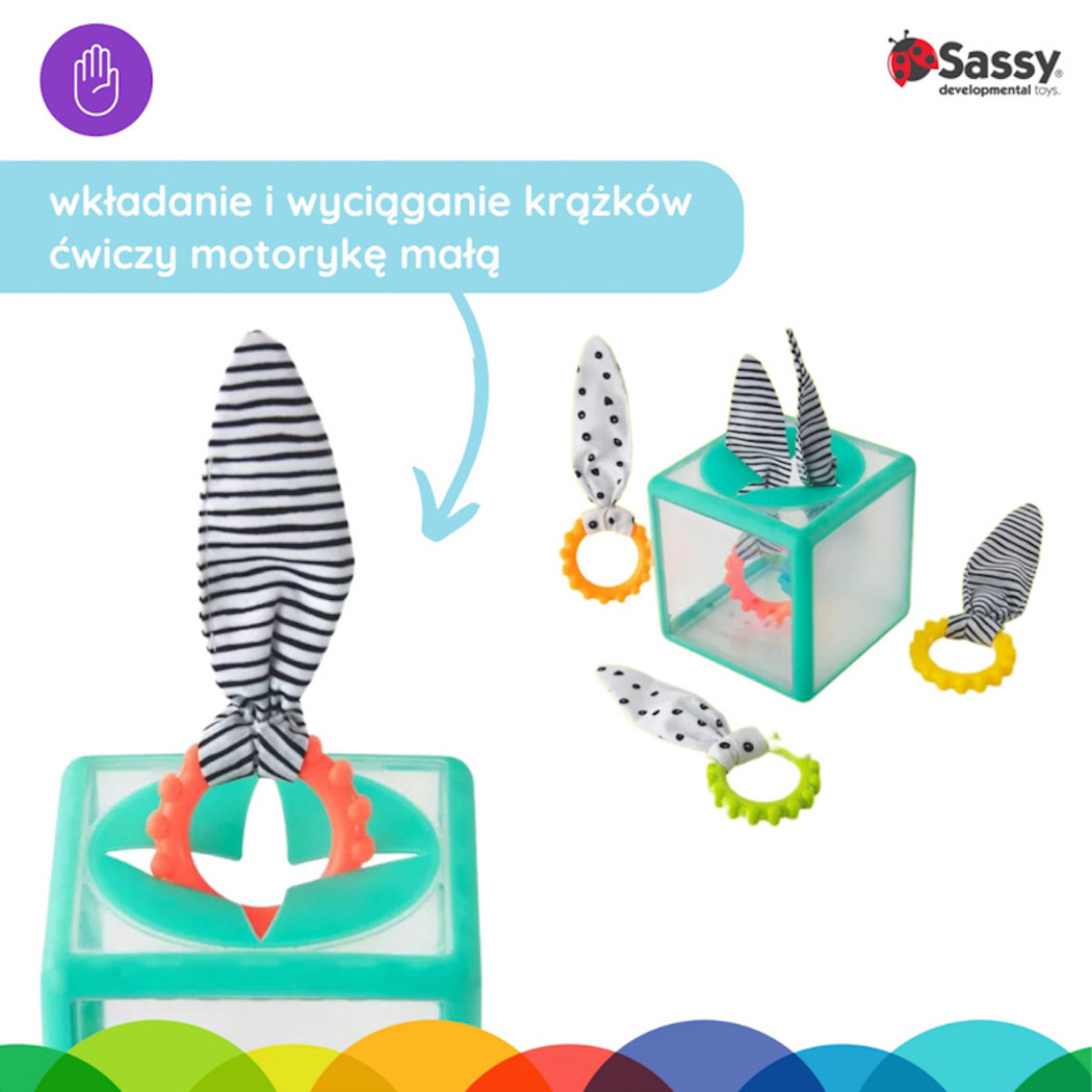 Manipulacyjna Kostka Sensoryczna Montessori - Elastyczna Kostka - Sorter z Krążkami - Sassy Baby