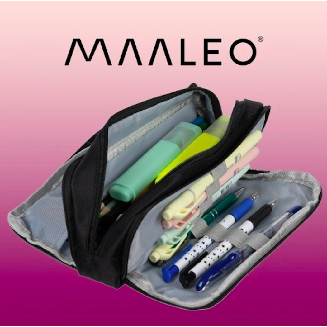 Piórnik Szkolny Saszetka - Trzykomorowy Duży Czarny Piórnik dla Dzieci - Maaleo