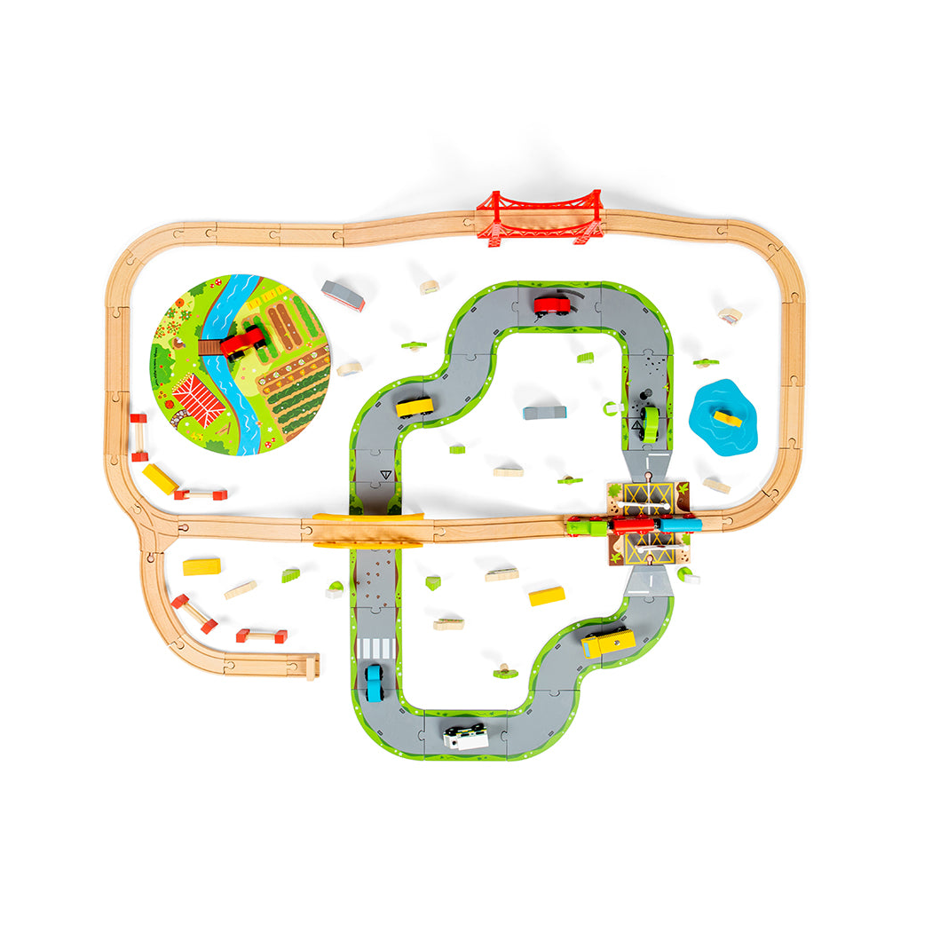 Za Miastem - Drewniana Kolejka z Drogą, Mostem i Autami - 90 Elementów - BigJigs