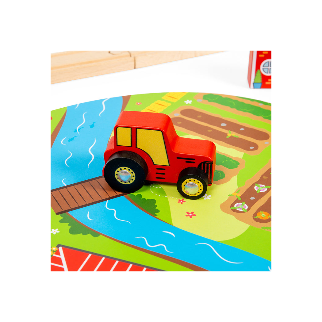 Za Miastem - Drewniana Kolejka z Drogą, Mostem i Autami - 90 Elementów - BigJigs