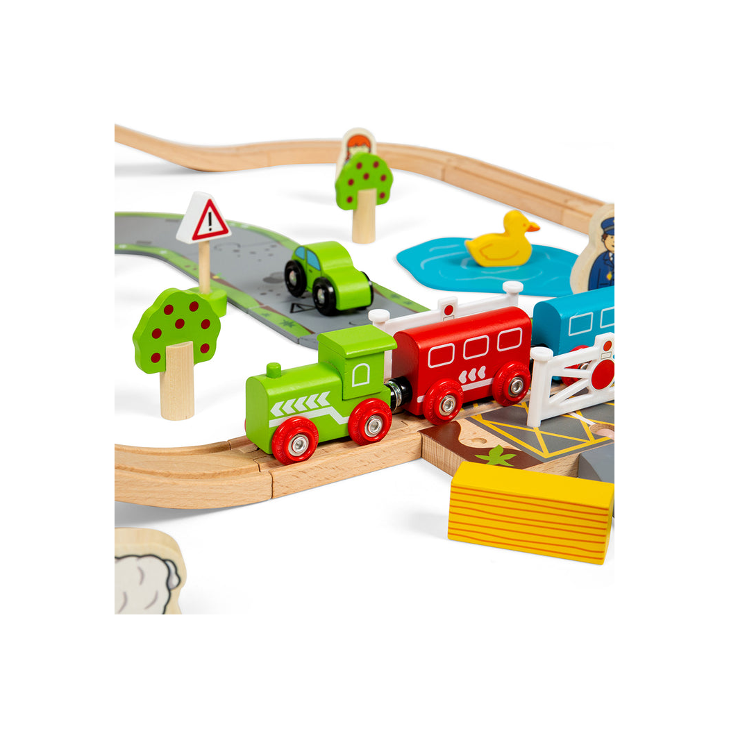 Za Miastem - Drewniana Kolejka z Drogą, Mostem i Autami - 90 Elementów - BigJigs
