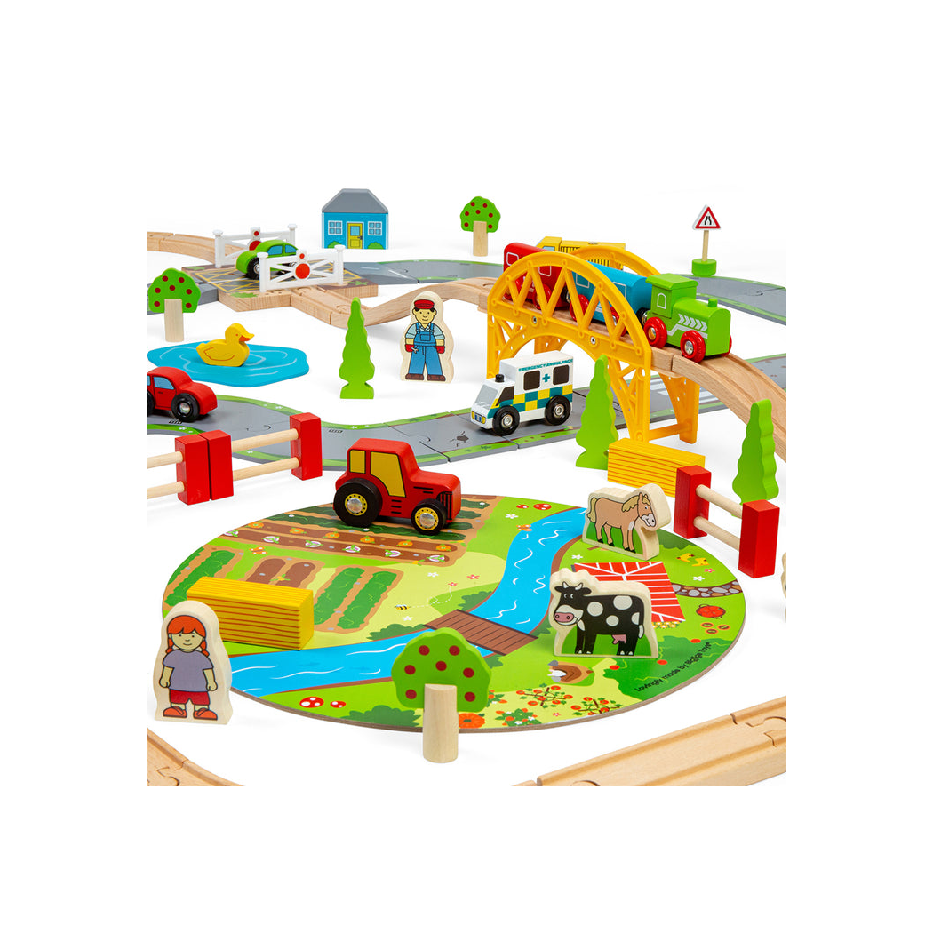Za Miastem - Drewniana Kolejka z Drogą, Mostem i Autami - 90 Elementów - BigJigs