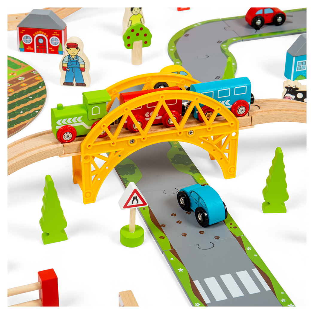 Za Miastem - Drewniana Kolejka z Drogą, Mostem i Autami - 90 Elementów - BigJigs