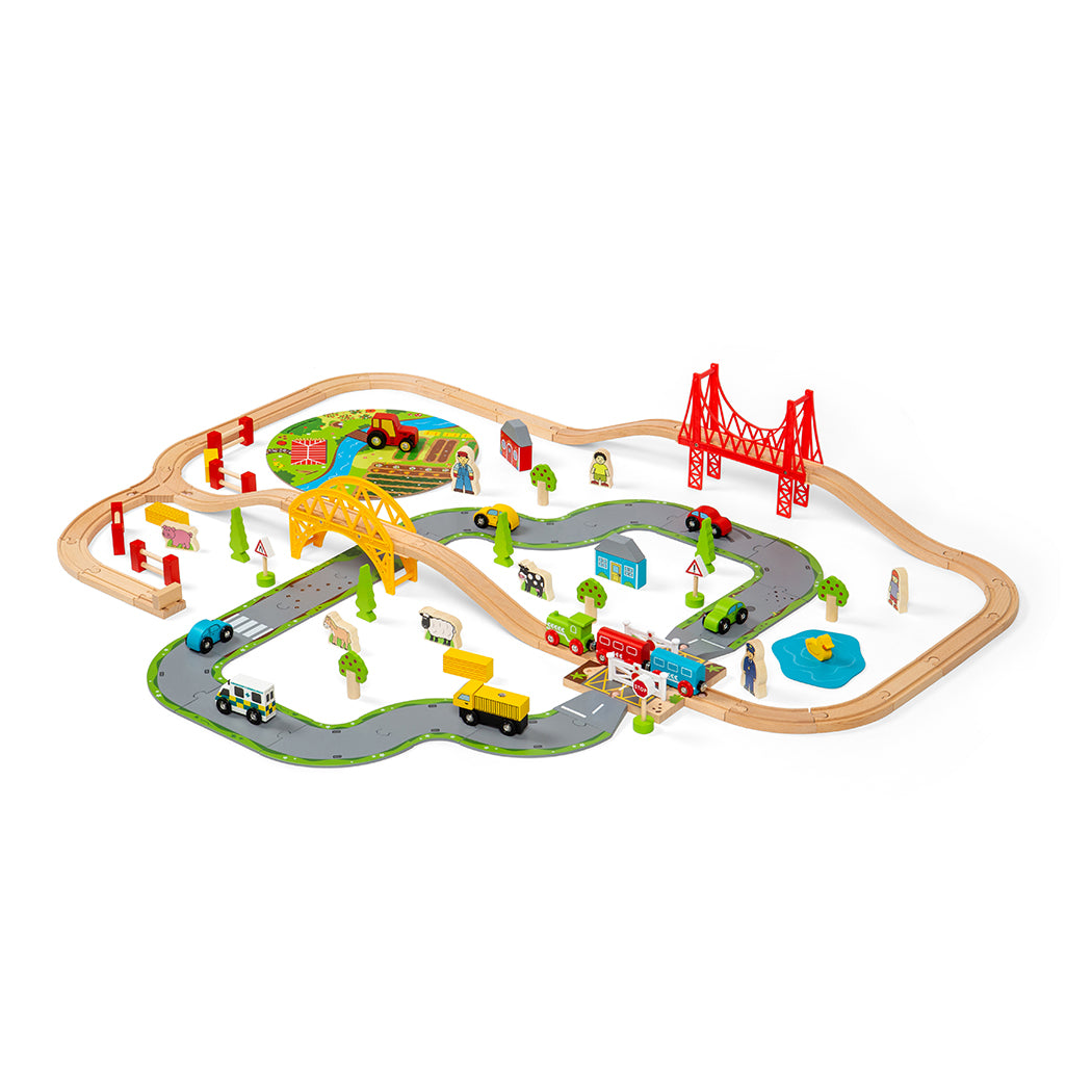 Za Miastem - Drewniana Kolejka z Drogą, Mostem i Autami - 90 Elementów - BigJigs