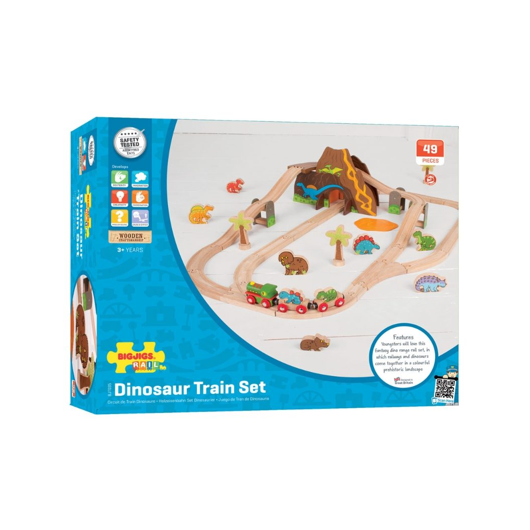 Dinozaury - Drewniana Kolejka z Jaskinią i Wulkanem - 49 elementów - BigJigs