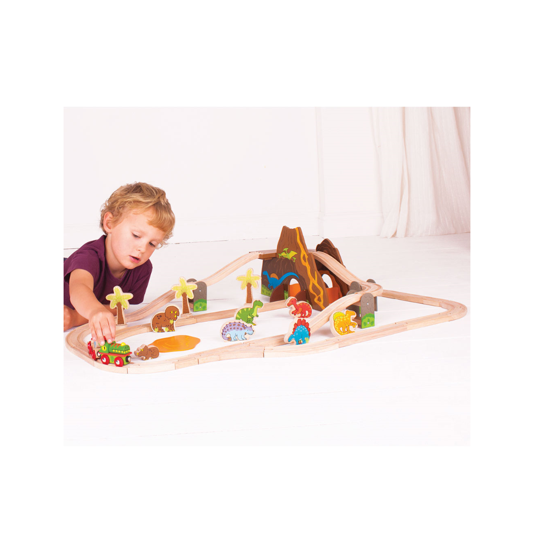 Dinozaury - Drewniana Kolejka z Jaskinią i Wulkanem - 49 elementów - BigJigs
