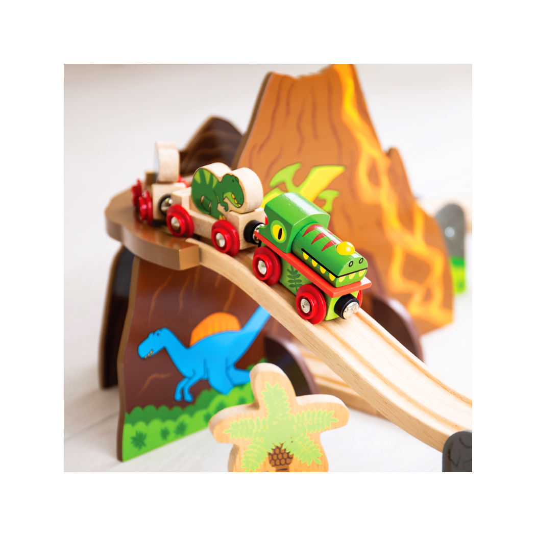 Dinozaury - Drewniana Kolejka z Jaskinią i Wulkanem - 49 elementów - BigJigs