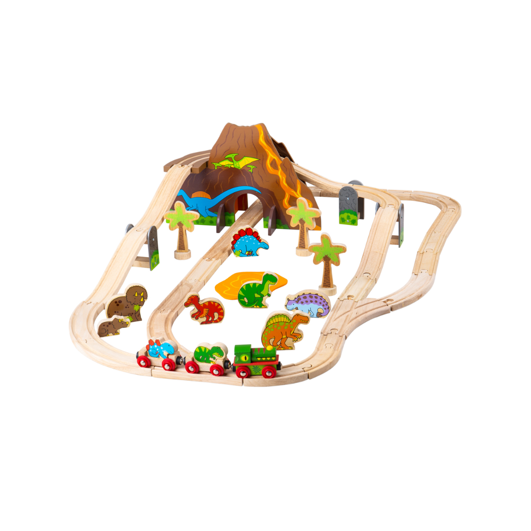 Dinozaury - Drewniana Kolejka z Jaskinią i Wulkanem - 49 elementów - BigJigs