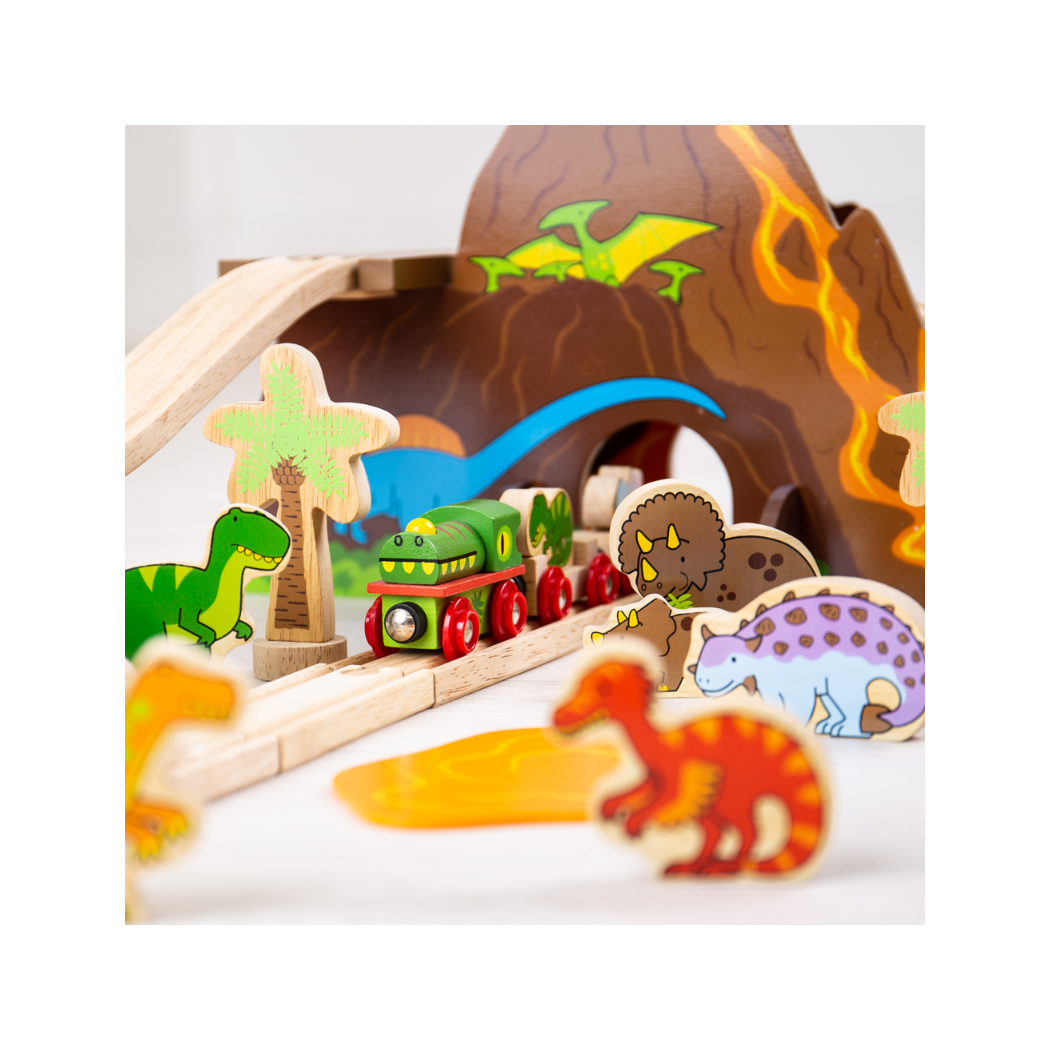Dinozaury - Drewniana Kolejka z Jaskinią i Wulkanem - 49 elementów - BigJigs
