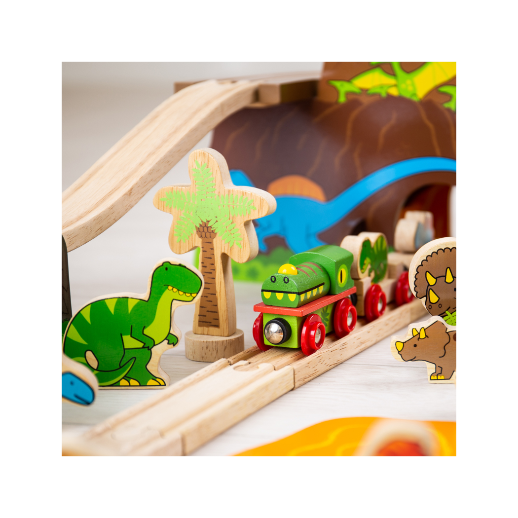 Dinozaury - Drewniana Kolejka z Jaskinią i Wulkanem - 49 elementów - BigJigs