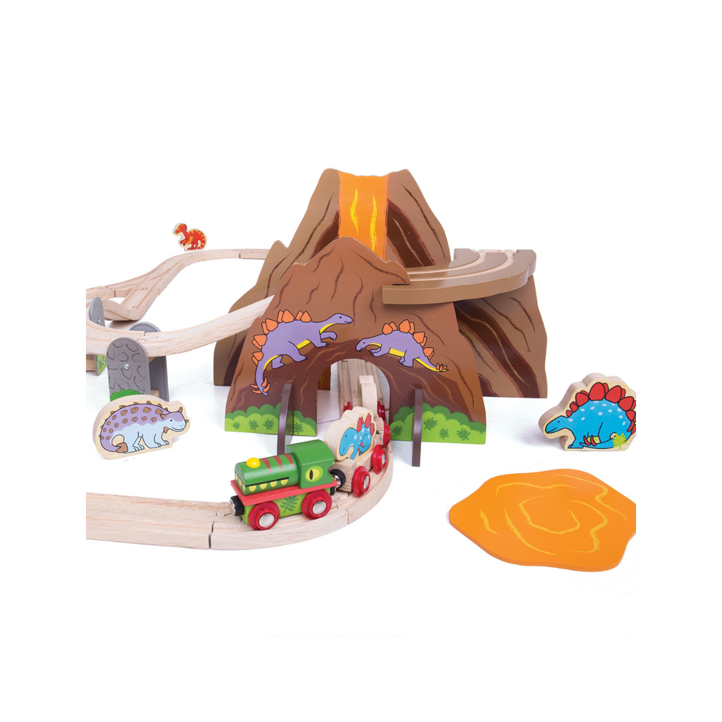 Dinozaury - Drewniana Kolejka z Jaskinią i Wulkanem - 49 elementów - BigJigs