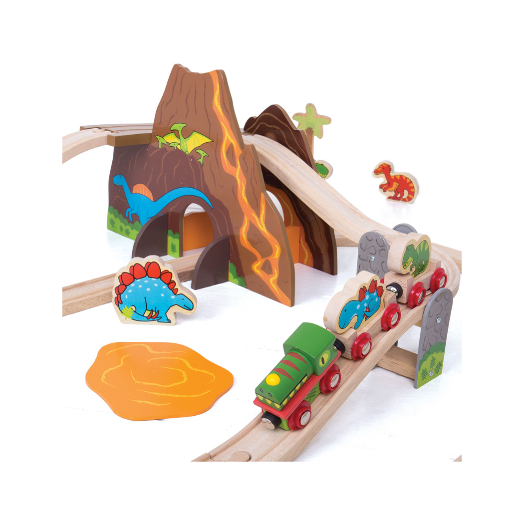Dinozaury - Drewniana Kolejka z Jaskinią i Wulkanem - 49 elementów - BigJigs
