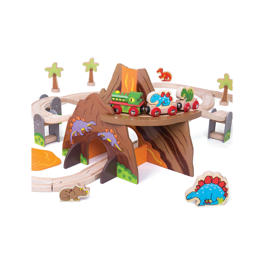 Dinozaury - Drewniana Kolejka z Jaskinią i Wulkanem - 49 elementów - BigJigs