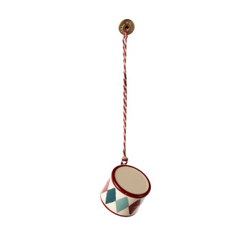 Czerwony Mały Bębenek w Kolorowe Romby - Dekoracja Bożonarodzeniowa - Metal Ornament Small Drum Classic Red - Akcesoria dla Lale