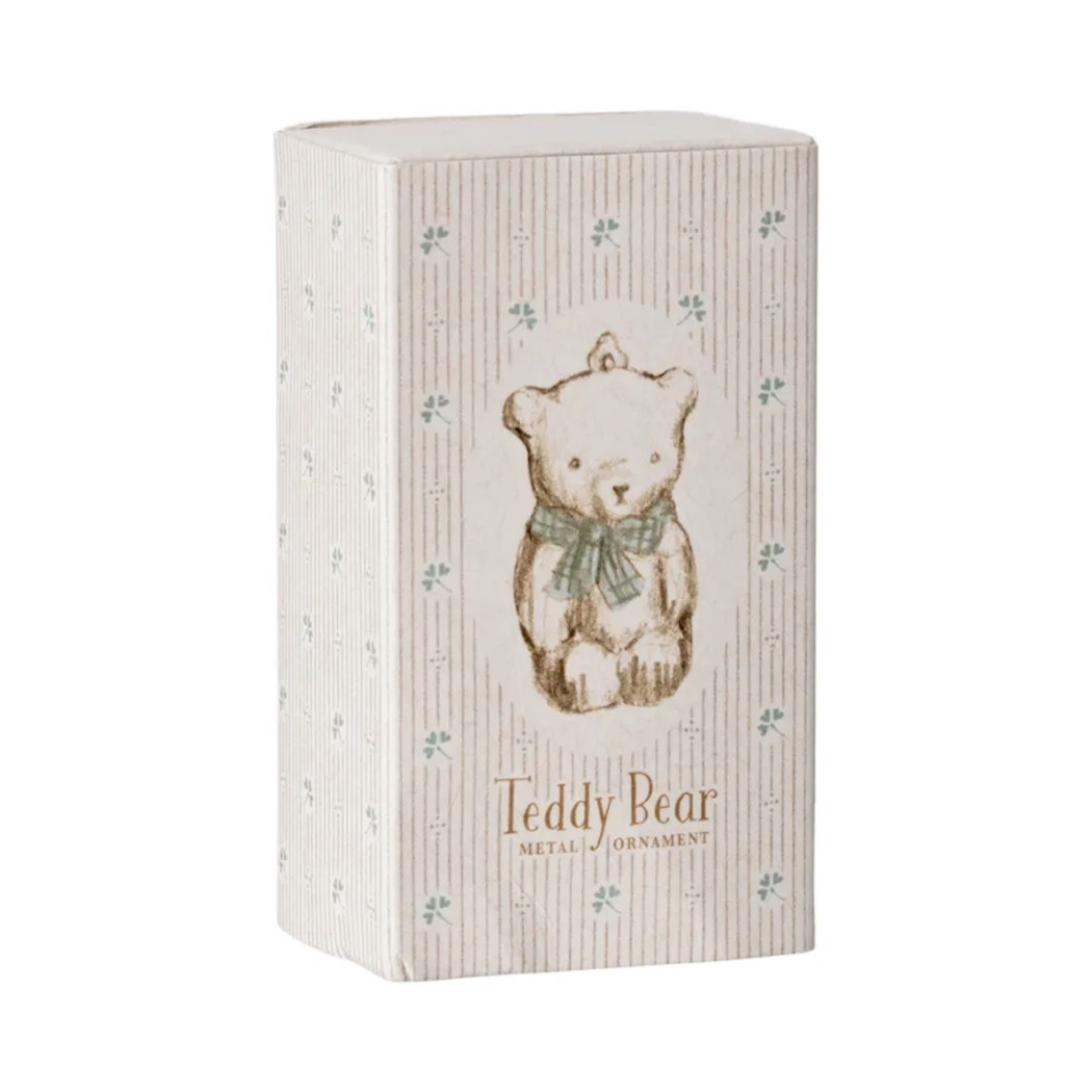 WYPRZEDAŻ Metalowy Biały Miś z Niebieską Wstążką - Dekoracja Bożonarodzeniowa - Metal Ornament Teddybear Off White/Blue - Maileg