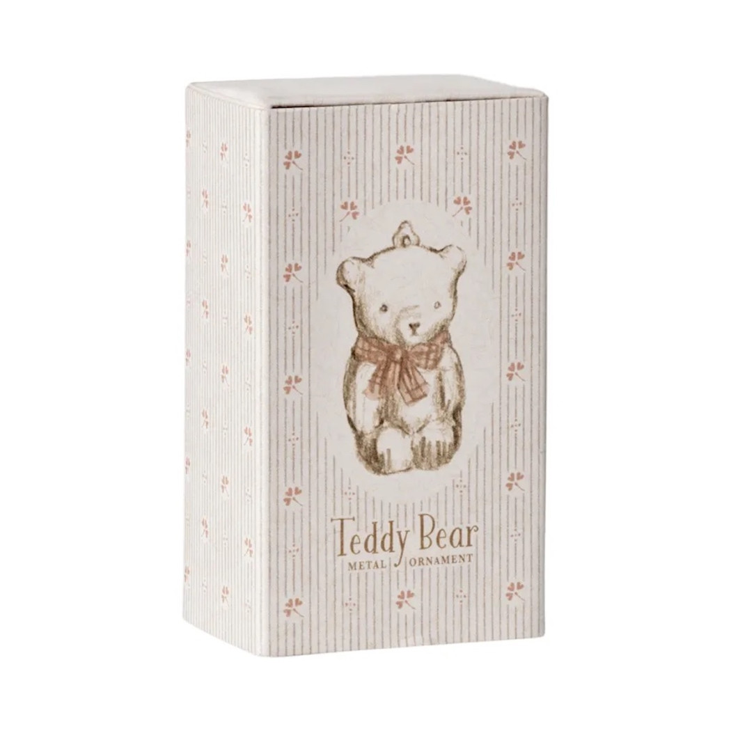 Metalowy Biały Miś z Różową Wstążką - Dekoracja Bożonarodzeniowa - Metal Ornament Teddybear Off White/Rose - Maileg