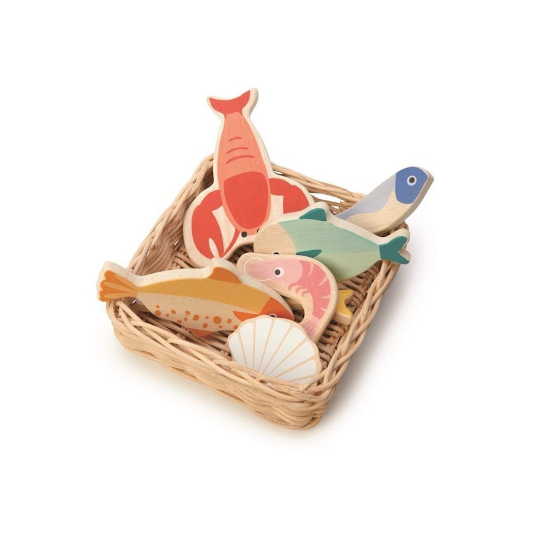 WYPRZEDAŻ Owoce Morza Drewniane - Pleciony Wiklinowy Koszyk z Rybami i Skorupiakami - Tender Leaf Toys