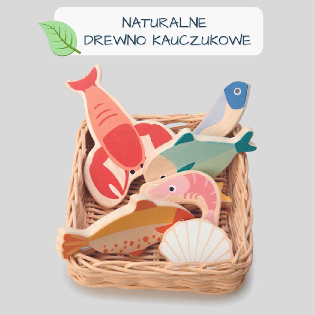 WYPRZEDAŻ Owoce Morza Drewniane - Pleciony Wiklinowy Koszyk z Rybami i Skorupiakami - Tender Leaf Toys