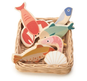 WYPRZEDAŻ Owoce Morza Drewniane - Pleciony Wiklinowy Koszyk z Rybami i Skorupiakami - Tender Leaf Toys