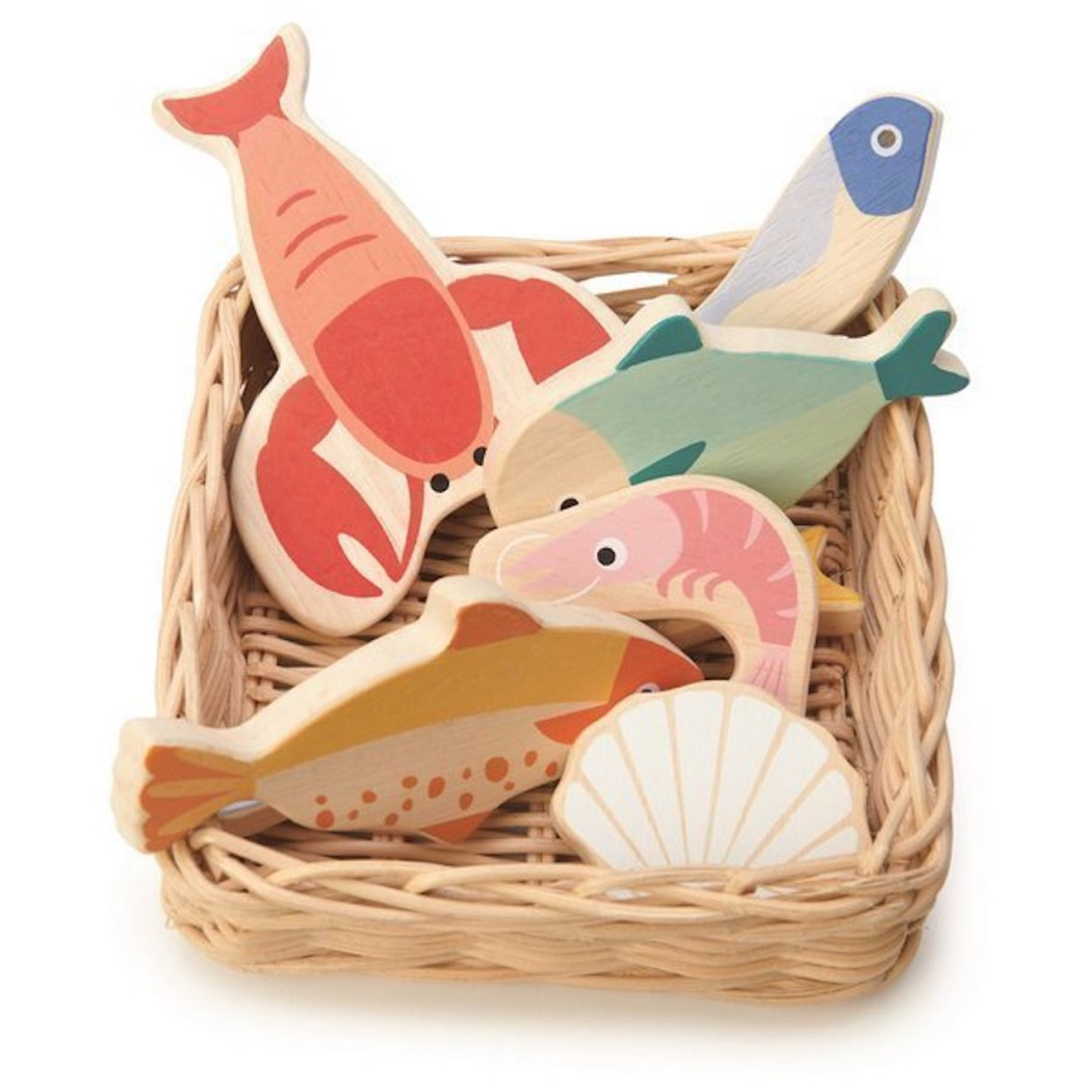 WYPRZEDAŻ Owoce Morza Drewniane - Pleciony Wiklinowy Koszyk z Rybami i Skorupiakami - Tender Leaf Toys