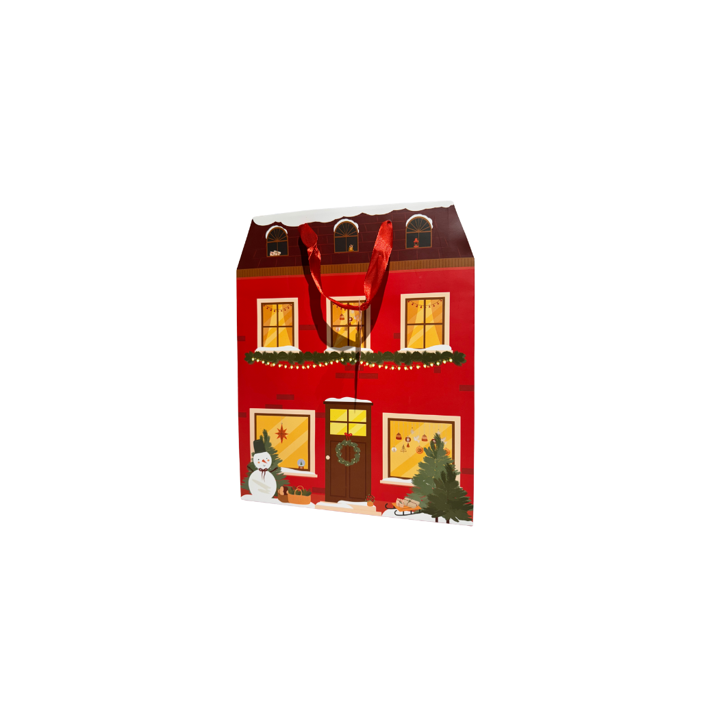 Zimowy Domek z Dekoracjami - Średnia Świąteczna Torba Prezentowa - 26x32x13 cm