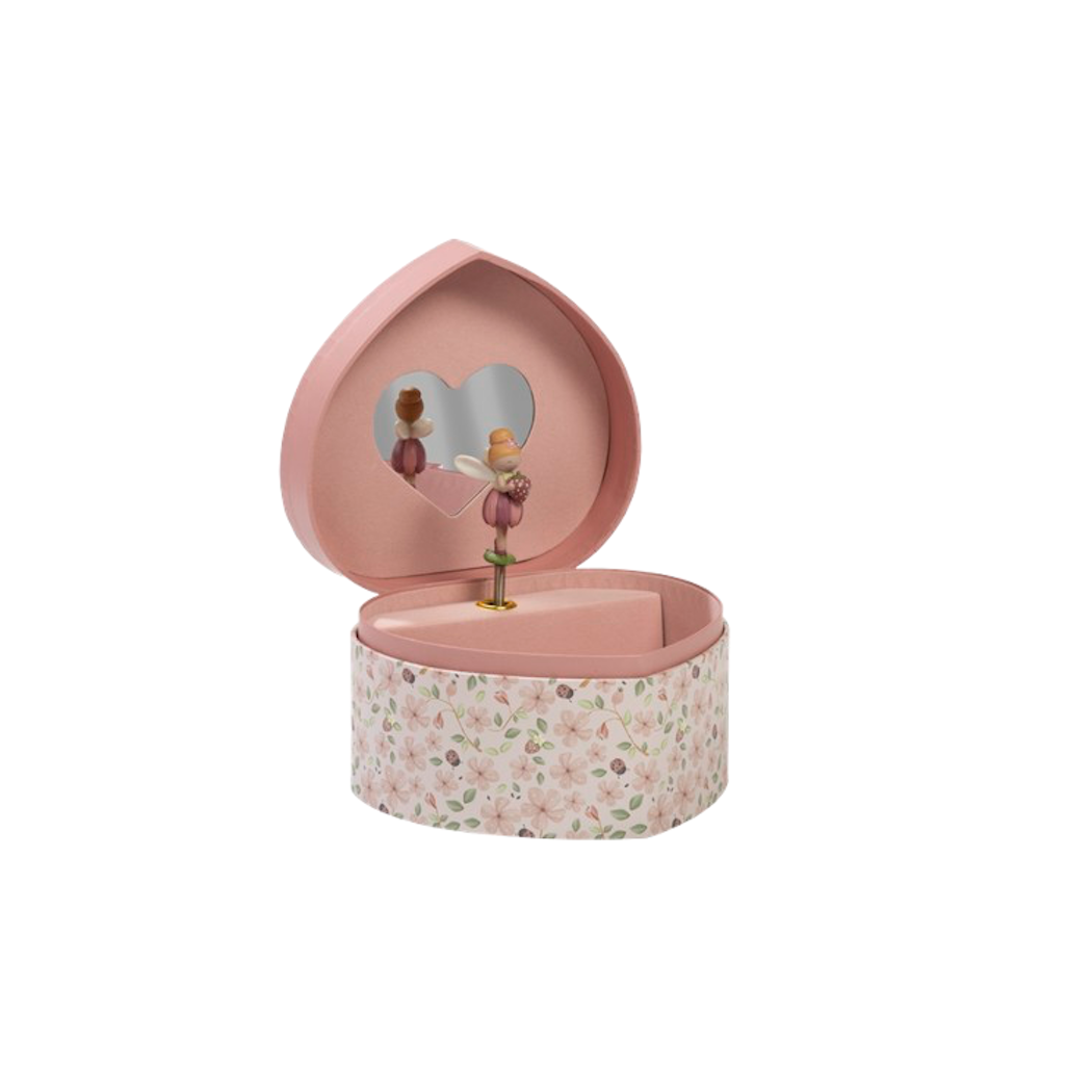 Różowa Szkatułka na Biżuterię w Kształcie Serca z Pozytywką i Wróżką - Fairy Garden - Little Dutch
