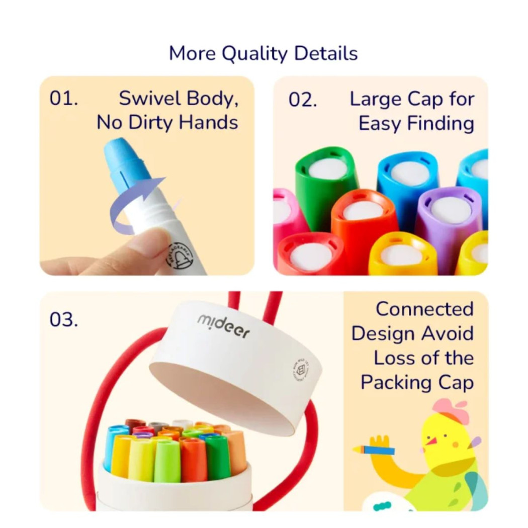 Wiaderko Szybkoschnących Miękkich Zmywalnych Kredek - 12 Kolorów - Mideer