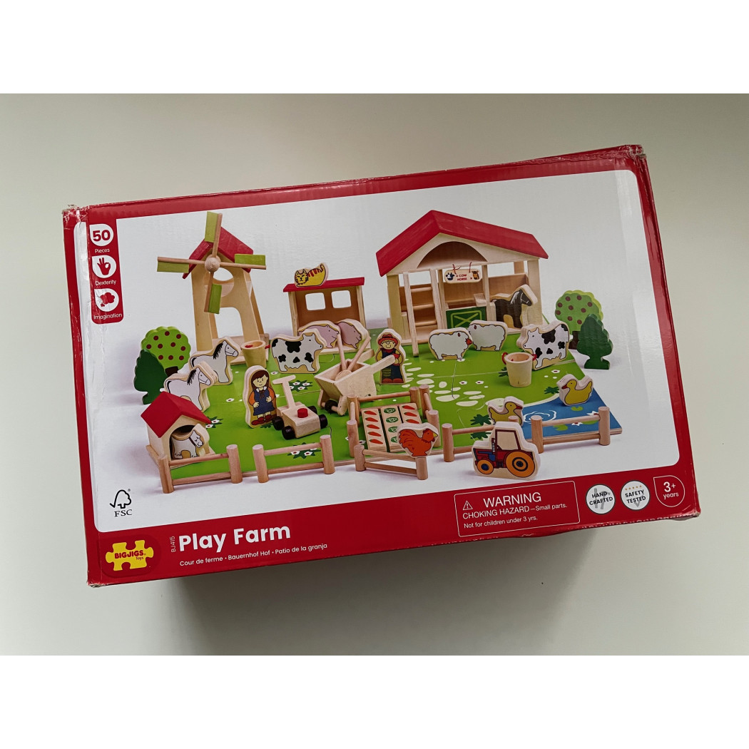 OUTLET Farma Drewniana - Zabawa w Farmera - Stajnia Wiatrak Figurki - 48 elementów - BigJigs