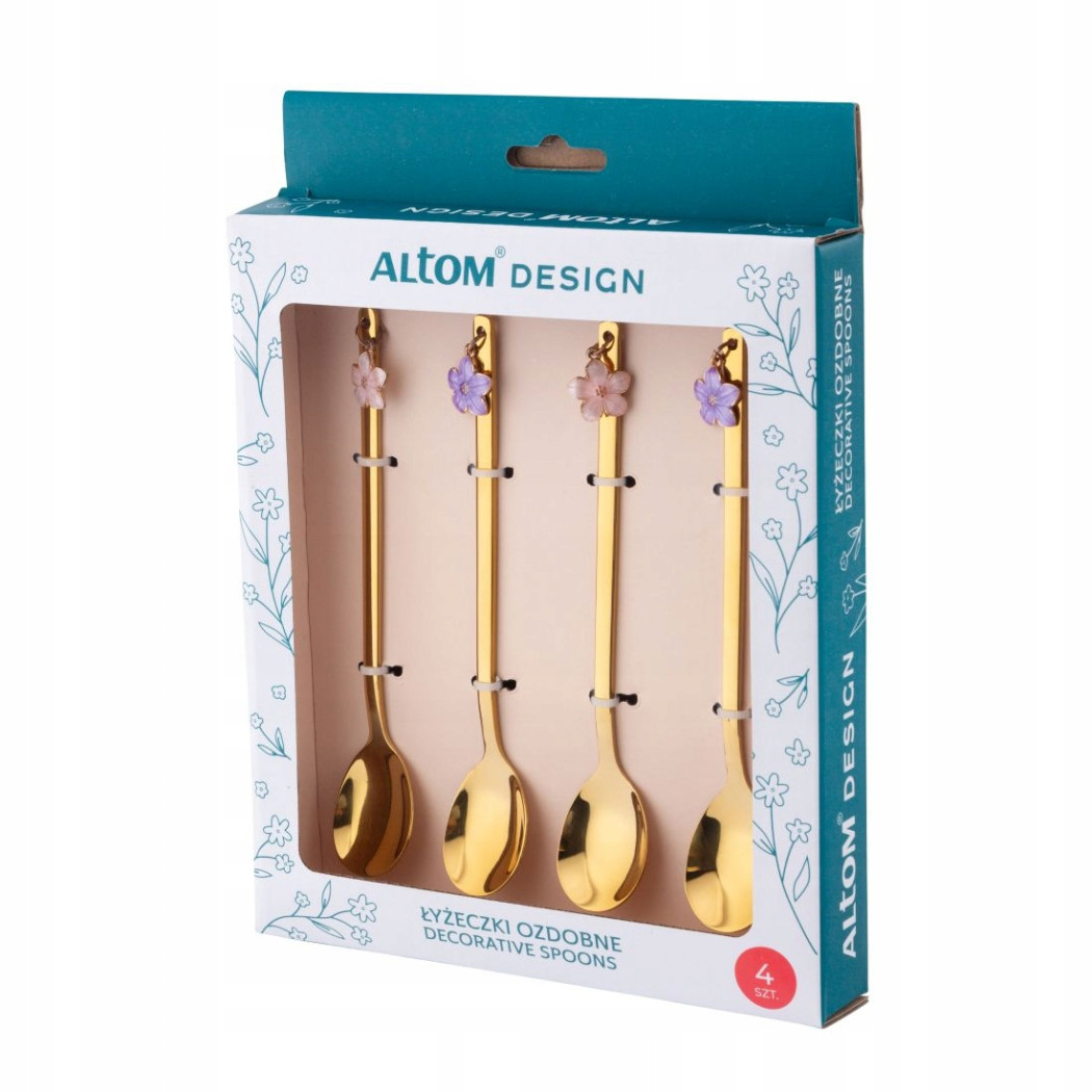 Złote Łyżeczki do Herbaty z Zawieszką - Zestaw Czterech - Kwiatek - Altom Design