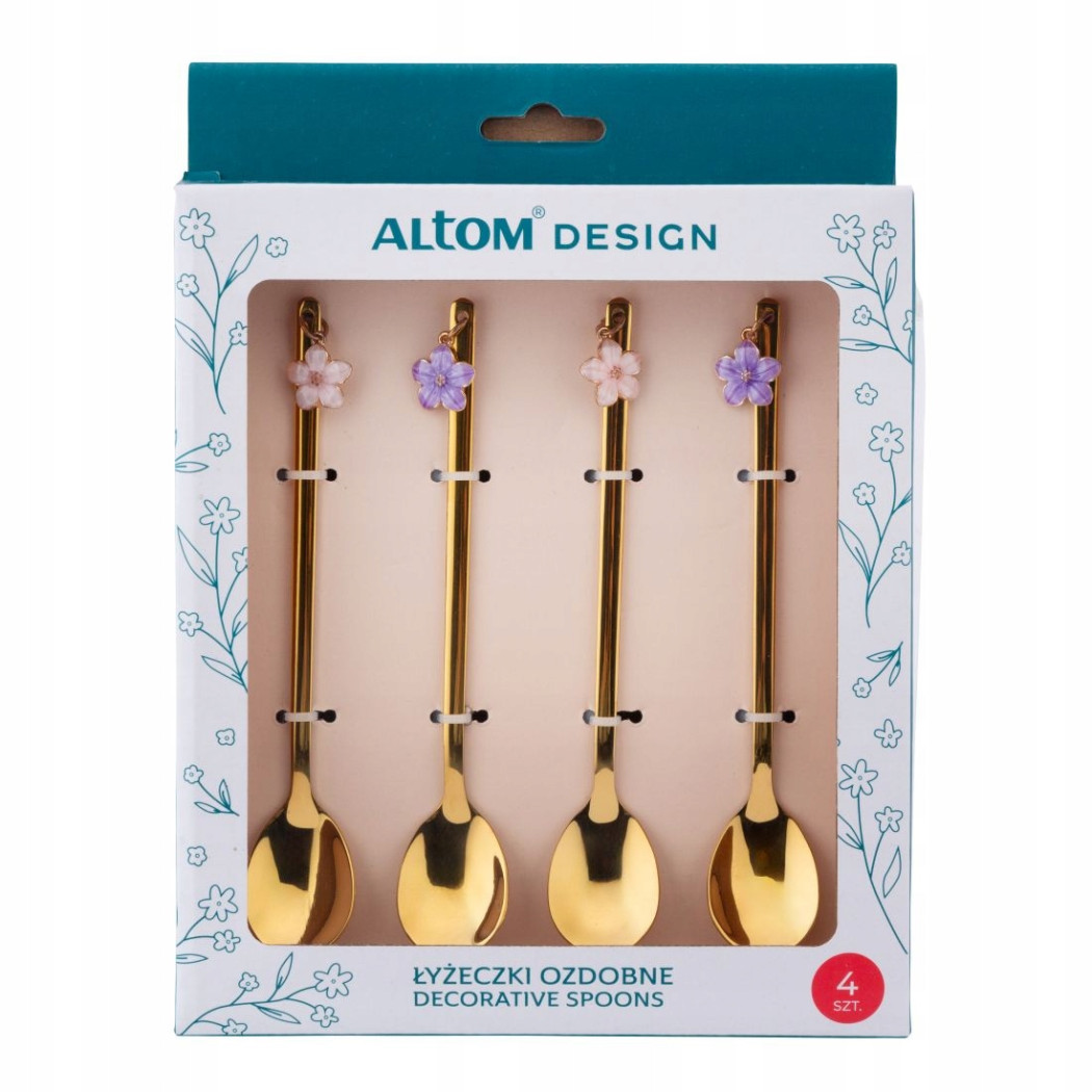 Złote Łyżeczki do Herbaty z Zawieszką - Zestaw Czterech - Kwiatek - Altom Design